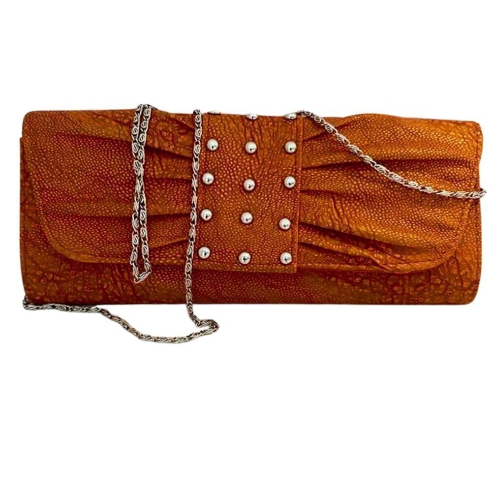 Bijoux Terner Orange Handbag Purse with Silver Chain Strap, Pearls, Bow Design